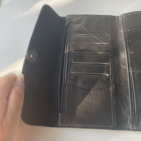 Vintage 70's Black LeatherTooled Embossed Long Wallet Boho South Western Mirror - Picture 5 of 16